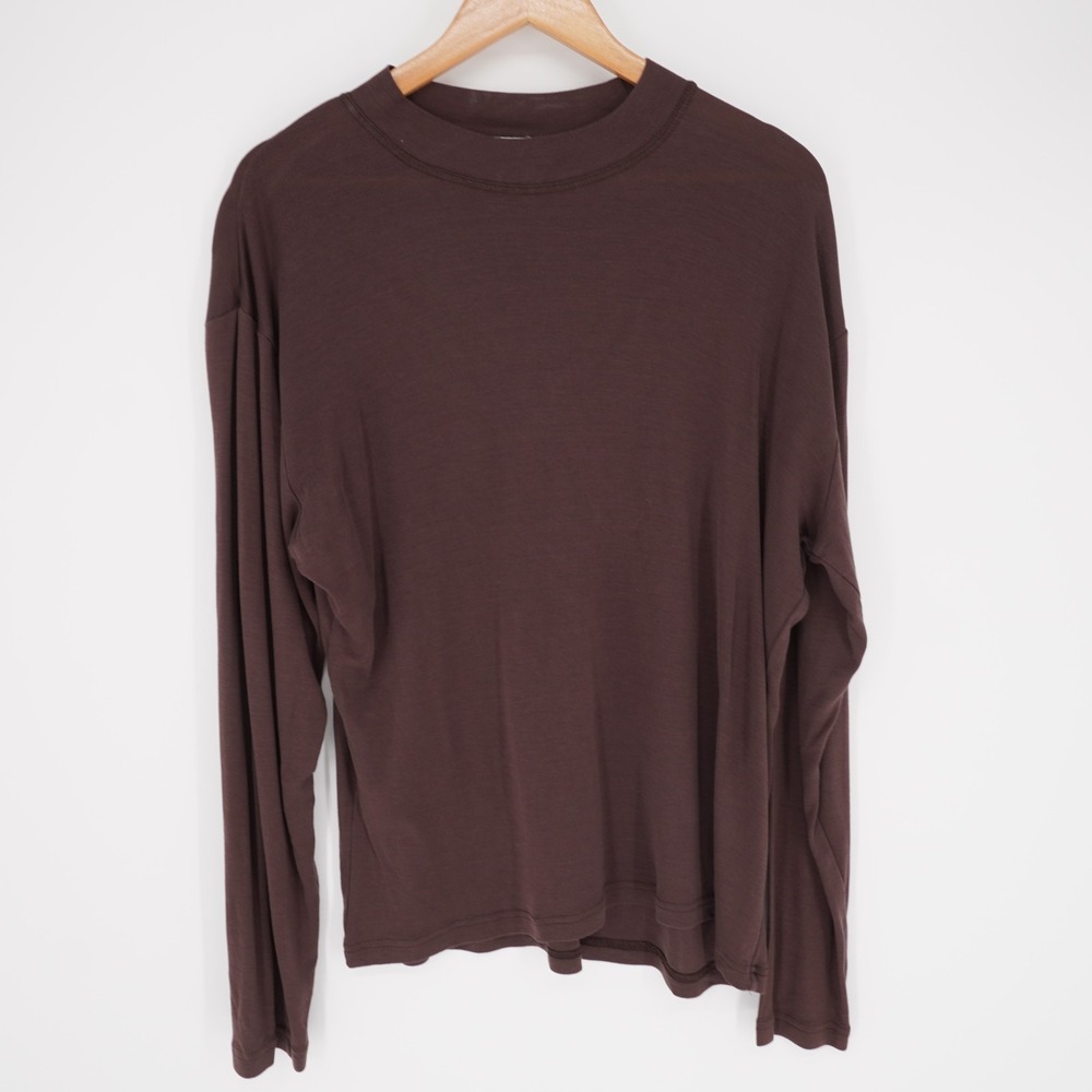 Wintersilks Base Layer Silk Cotton Womens L Navy Brown Long Sleeve Mock Neck